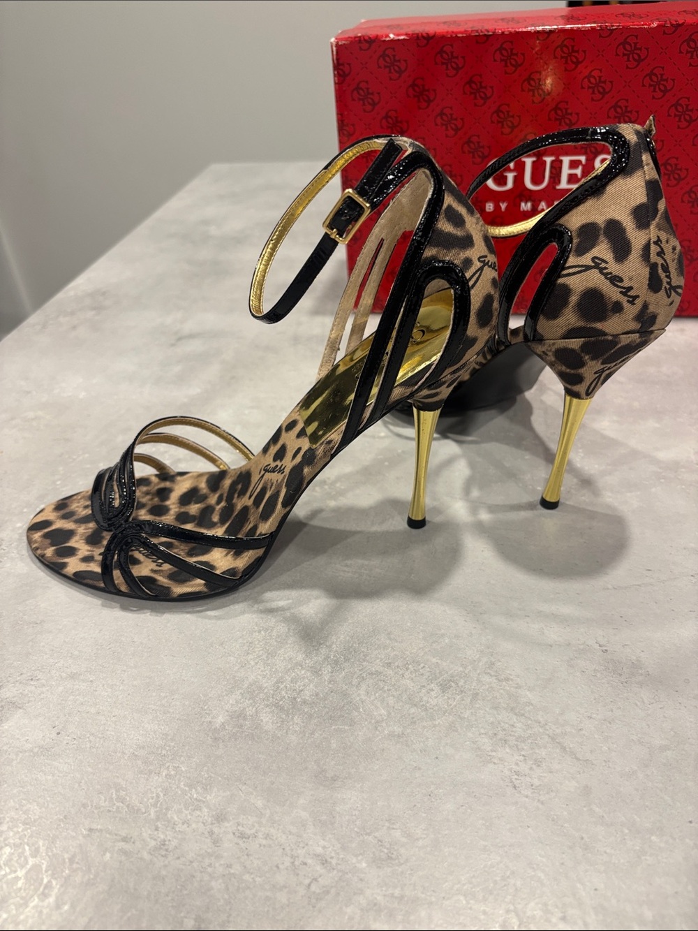 GUESS Black Patent Strappy Heels with Leopard Insole and Gold Stiletto